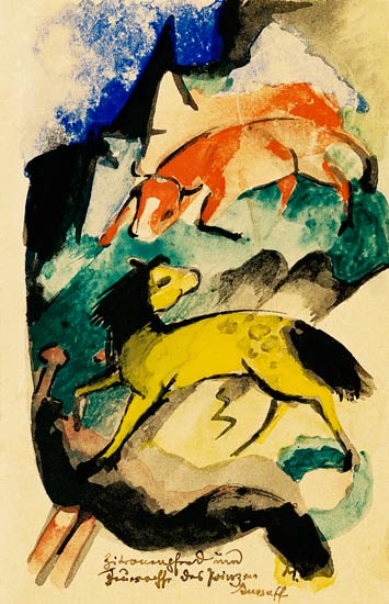 Cavallo di limone e bue di fuoco del principe Jussuff (sulla cartolina a degli Else allievi di carcere) – Franz Marc Franz Marc 70x105