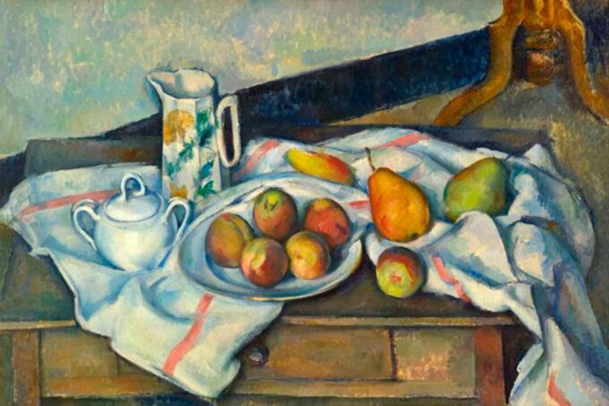 Natura morta con frutti, caraffa, zuccheriera e bottiglia – Paul Cézanne Paul Cézanne 105x70