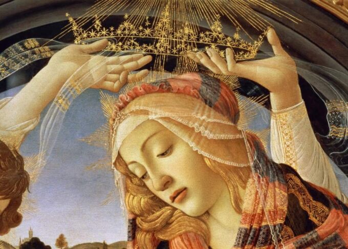 La Madone del Magnificat, dettaglio del volto e della corona della Vergine, 1482 (tempera su tavola) – Sandro Botticelli Sandro Botticelli 105x70