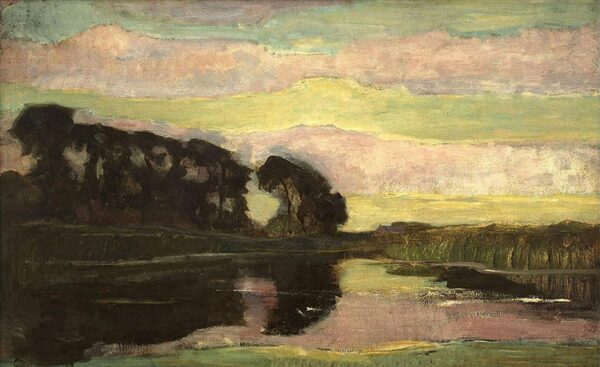 Paesaggio di fiume con cielo rosa e giallo – Mondrian Piet Mondrian 105x70