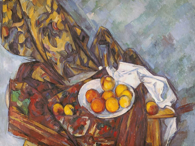 Natura morta con il drappo fiorito e il piatto di frutta – Paul Cézanne Paul Cézanne 85x75