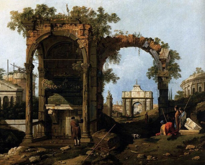 Capriccio con rovine e edifici classici, verso il 1760 (olio su tela) – Giovanni Antonio Canal Giovanni Antonio Canal 85x75