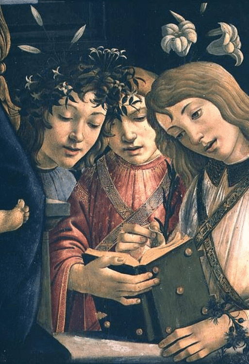 Madonna e bambino con il giovane san Giovanni Battista e angeli: dettaglio che mostra tre angeli – Sandro Botticelli Sandro Botticelli 70x105