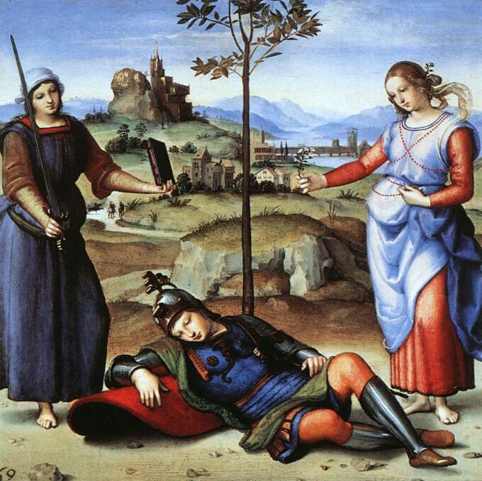 Il sogno del cavaliere – Raphaël (pittore) Raffaello Sanzio 70x70