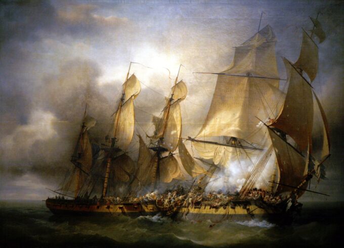 La corvetta francese Bayonnaise che affronta l’Hms Ambuscade durante l’azione del 14 dicembre 1798 – Louis Philippe Crepin Louis-Philippe Crépin 105x70