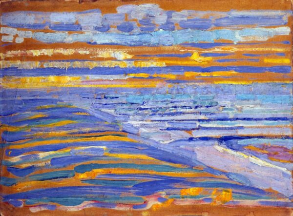 Vista dalle dune con la spiaggia e i pontili di Domburg – Mondrian Piet Mondrian 70x70