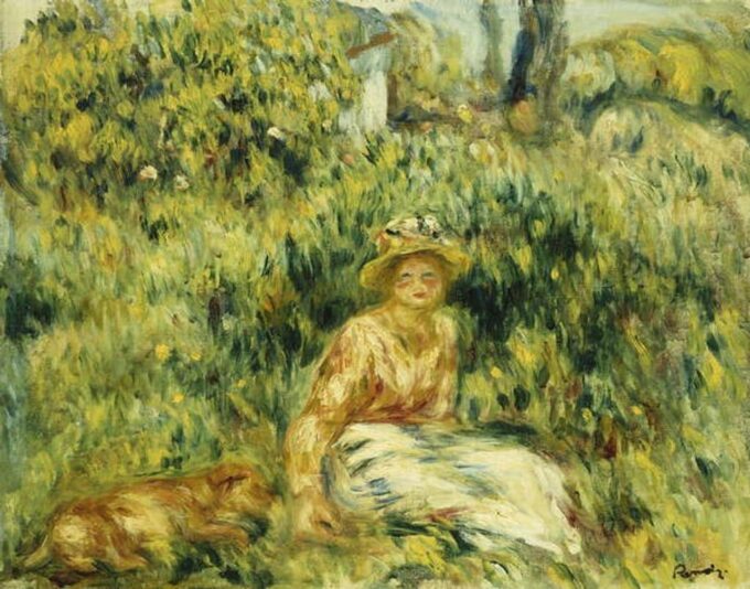 Ragazza con il cane davanti a una siepe fiorita – Pierre-Auguste Renoir Pierre-Auguste Renoir 85x75