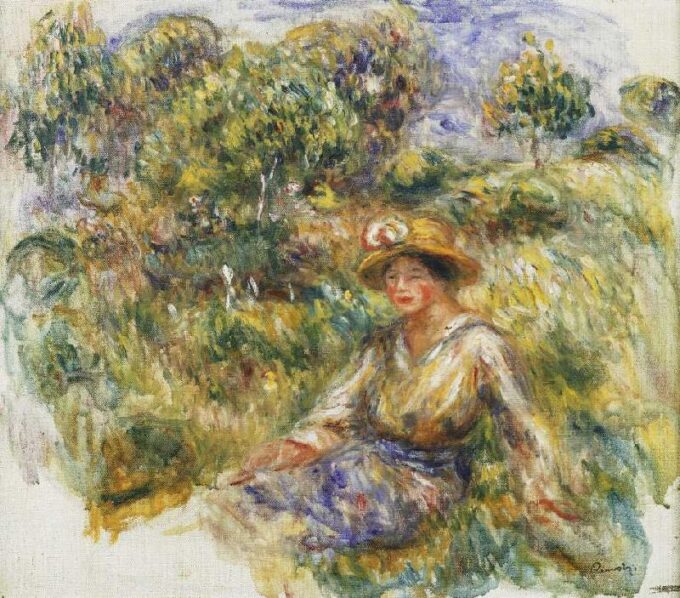 Donna con un cappello blu su una prateria (Donna in blu con cappello seduta sull’erba) – Pierre-Auguste Renoir Pierre-Auguste Renoir 85x75