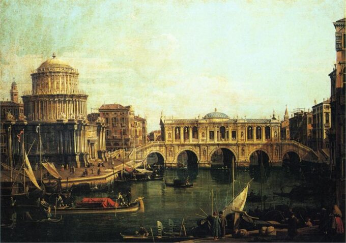 Capriccio del Grand Canal con un ponte immaginario di Rialto e altri edifici – Giovanni Antonio Canal Giovanni Antonio Canal 105x70