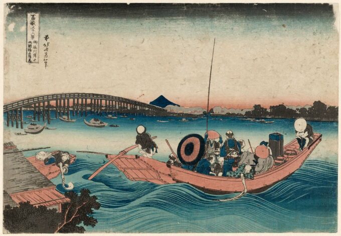 Hokusai che contempla il tramonto sul ponte Ryōgoku dal molo Onmayagashi (Onmayagashi yori Ryōgokubashi sekiyō o miru), dalla serie Trentasei vedute del Monte Fuji (Fugaku Sanjūrokkei) – Katsushika Hokusai Katsushika Hokusai 105x70